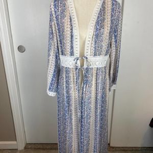 Rebellion Again Striped Long Kimono Duster Robe with Lace Size L NWT